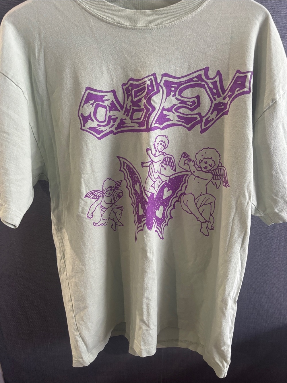 Obey Mint Green Tee with Purple Cherub Graphic